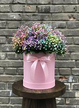 Цветочная композиция из Гипсофила и Розы в шляпной коробке в Первомайский