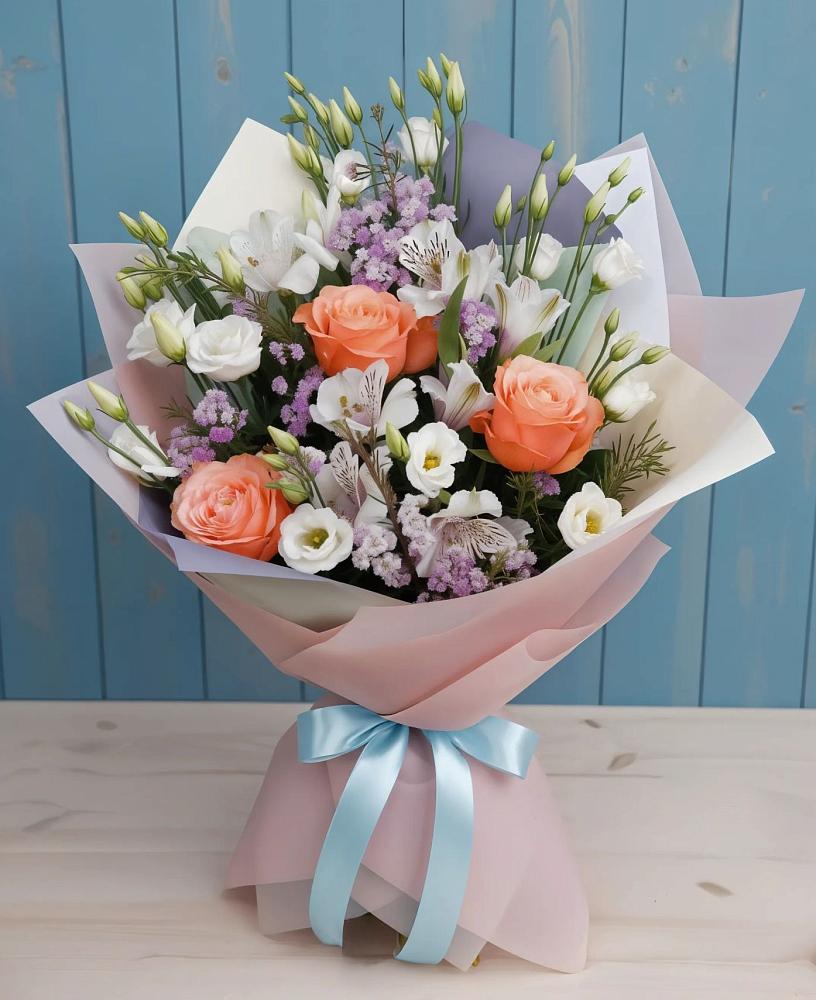 Букет цветов из: Лизиантусы, Розы, Альстромерии и Гипсофила в Первомайский