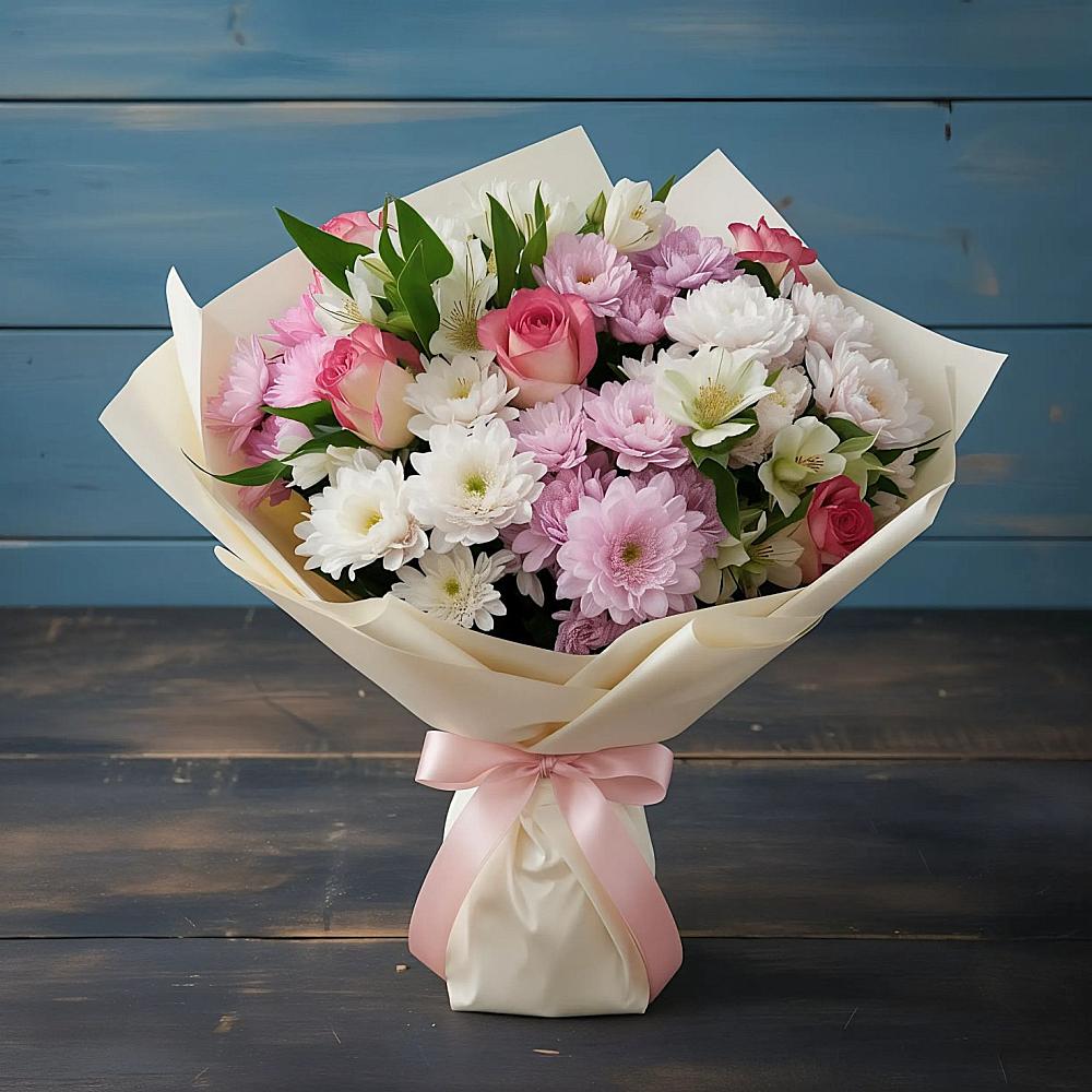 Букет цветов из: Хризантемы, Альстромерии и Розы в Первомайский